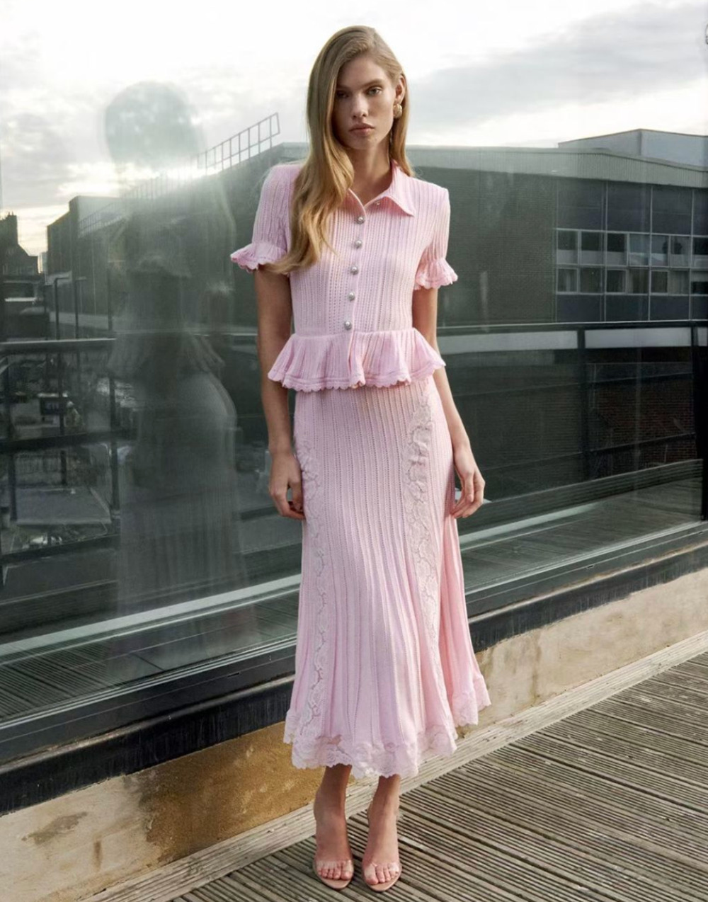 Self Portrait Pink Pointelle Peplum Knit Midi Dress